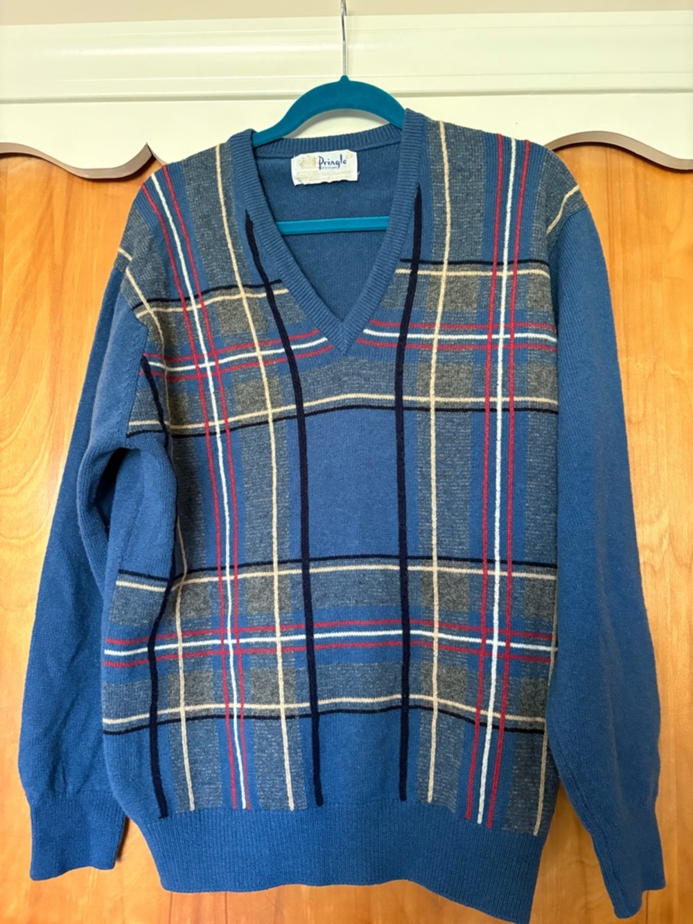 Vintage Pringle Blue Plaid V-Neck Sweater with Red & Cream Accents